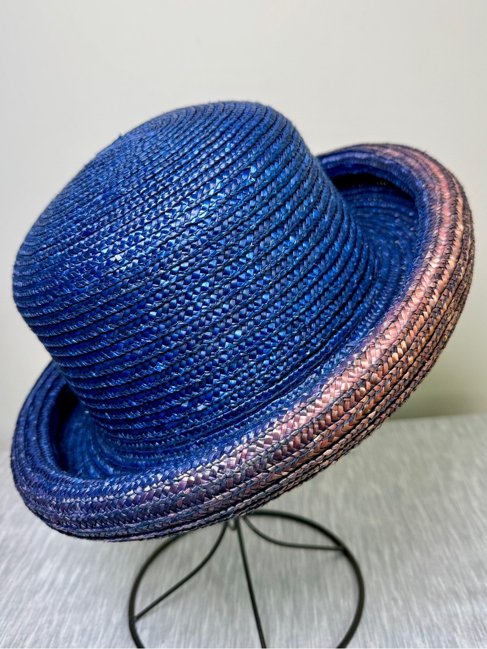 Woven Bowler Hat Navy Blue Iridescent Copper Ombré Trim One Size